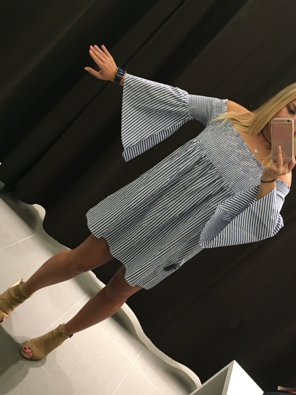 Zara Navy and White Striped Off-Shoulder Mini Dress